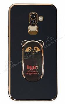 Eiroo Samsung Galaxy J8 Baby Panda Standlı Siyah Silikon Kılıf - 1