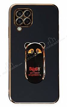 Eiroo Samsung Galaxy M22 Baby Panda Standlı Siyah Silikon Kılıf - 1