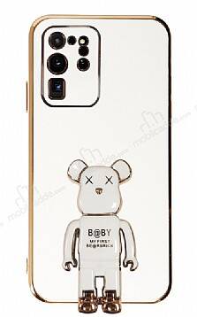 Eiroo Samsung Galaxy S20 Ultra Baby Bear Standlı Beyaz Silikon Kılıf - 1