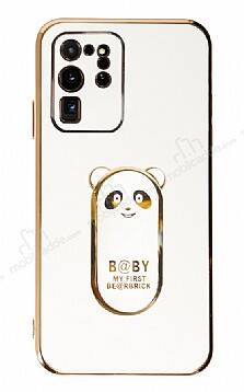 Eiroo Samsung Galaxy S20 Ultra Baby Panda Standlı Beyaz Silikon Kılıf - 1