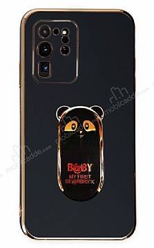 Eiroo Samsung Galaxy S20 Ultra Baby Panda Standlı Siyah Silikon Kılıf - 1