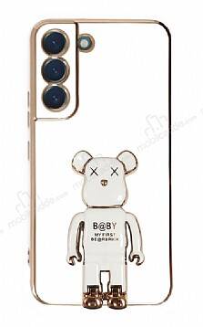 Eiroo Samsung Galaxy S21 FE 5G Baby Bear Standlı Beyaz Silikon Kılıf - 1