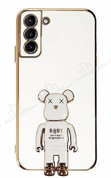 Eiroo Samsung Galaxy S21 Plus Baby Bear Standlı Beyaz Silikon Kılıf - 1