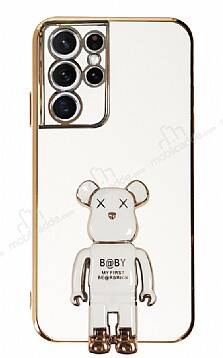 Eiroo Samsung Galaxy S21 Ultra Baby Bear Standlı Beyaz Silikon Kılıf - 1