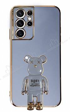 Eiroo Samsung Galaxy S21 Ultra Baby Bear Standlı Mavi Silikon Kılıf - 1