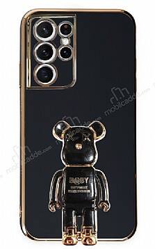 Eiroo Samsung Galaxy S21 Ultra Baby Bear Standlı Siyah Silikon Kılıf - 1