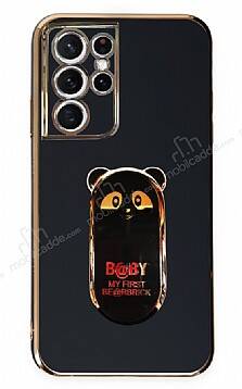 Eiroo Samsung Galaxy S21 Ultra Baby Panda Standlı Siyah Silikon Kılıf - 1