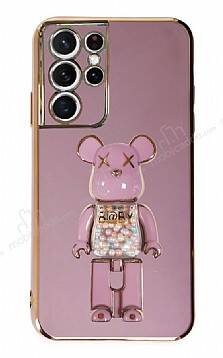 Eiroo Samsung Galaxy S21 Ultra Candy Bear Standlı Mor Silikon Kılıf - 1