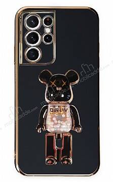 Eiroo Samsung Galaxy S21 Ultra Candy Bear Standlı Siyah Silikon Kılıf - 1