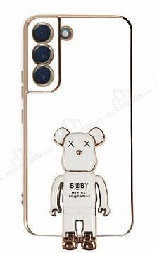 Eiroo Samsung Galaxy S22 5G Baby Bear Standlı Beyaz Silikon Kılıf - 1