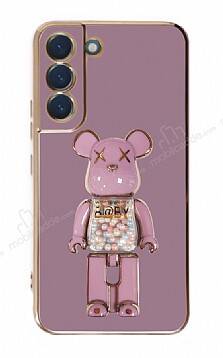 Eiroo Samsung Galaxy S22 5G Candy Bear Standlı Mor Silikon Kılıf - 1