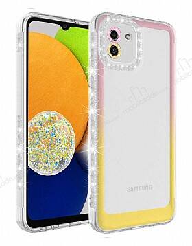 Eiroo Shimmer Samsung Galaxy A03 Kamera Korumalı Pembe-Sarı Silikon Kılıf - 1