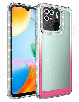 Eiroo Shimmer Xiaomi Poco C40 Kamera Korumalı Beyaz-Pembe Silikon Kılıf - 1