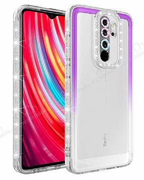 Eiroo Shimmer Xiaomi Redmi Note 8 Pro Kamera Korumalı Mor-Beyaz Silikon Kılıf - 1