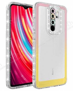 Eiroo Shimmer Xiaomi Redmi Note 8 Pro Kamera Korumalı Pembe-Sarı Silikon Kılıf - 1