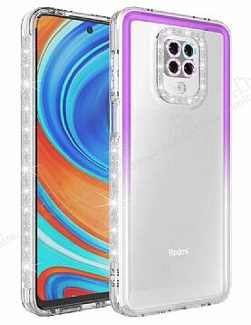 Eiroo Shimmer Xiaomi Redmi Note 9 Pro Kamera Korumalı Mor-Beyaz Silikon Kılıf - 1