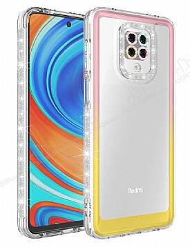 Eiroo Shimmer Xiaomi Redmi Note 9 Pro Max Kamera Korumalı Pembe-Sarı Silikon Kılıf - 1