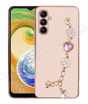 Eiroo Taka Samsung Galaxy A04S Kamera Korumalı Zincirli Pembe Silikon Kılıf - 1