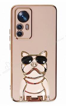 Eiroo Xiaomi 12T Pro Bulldog Standlı Pembe Silikon Kılıf - 1