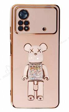 Eiroo Xiaomi Poco X4 Pro 5G Candy Bear Standlı Pembe Silikon Kılıf - 1