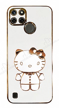 Eiroo Aynal Kitty Realme C21Y Standl Beyaz Silikon Klf