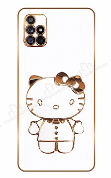 Eiroo Aynal Kitty Samsung Galaxy A71 Standl Beyaz Silikon Klf