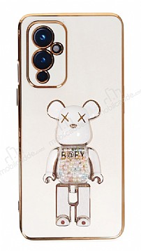 Eiroo Candy Bear OnePlus 9 Standl Beyaz Silikon Klf