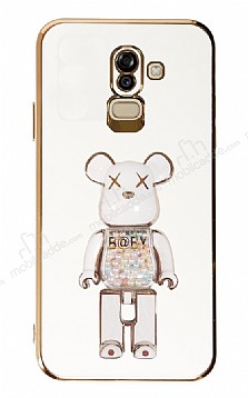 Eiroo Samsung Galaxy J8 Candy Bear Standl Beyaz Silikon Klf