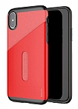 Baseus Card Pocket iPhone X / XS Silikon Kenarl Krmz Rubber Klf