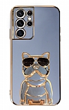 Eiroo Bulldog Samsung Galaxy S21 Ultra Standl Mavi Silikon Klf
