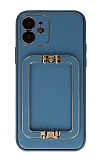Eiroo Chic Stand iPhone 12 6.1 in Deri Mavi Rubber Klf