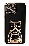 Eiroo iPhone 12 Pro Max Bulldog Standl Siyah Silikon Klf