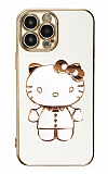 Eiroo iPhone 14 Pro Aynal Kitty Standl Beyaz Silikon Klf
