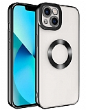 Eiroo Luxury Clear iPhone 14 Plus Kamera Korumal Siyah Silikon Klf