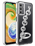 Eiroo Samsung Galaxy A04S Kamera Korumal Halka Zincirli Silver Silikon Klf