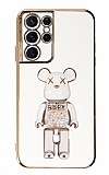 Eiroo Samsung Galaxy S21 Ultra Candy Bear Standl Beyaz Silikon Klf