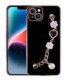 Eiroo Taka iPhone 15 Plus Kamera Korumal Zincirli Siyah Silikon Klf