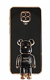 Eiroo Xiaomi Redmi Note 9S Baby Bear Standl Siyah Silikon Klf