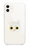 iPhone 12 Kedi Figrl Telefon Tutuculu Beyaz Silikon Klf
