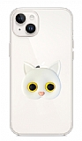 iPhone 14 Plus Kedi Figrl Telefon Tutuculu Beyaz Silikon Klf