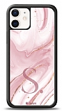 Dafoni Glossy iPhone 12 Mini 5.4 in Kiiye zel Harf Simli Pembe Mermer Klf