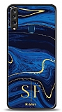 Dafoni Glossy Samsung Galaxy A20S Kiiye zel ift Harf Simli Lacivert Mermer Klf