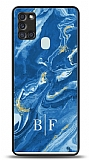 Dafoni Glossy Samsung Galaxy A21s Kiiye zel ki Harf Simli Mavi Mermer Klf