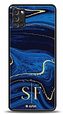 Dafoni Glossy Samsung Galaxy A31 Kiiye zel ift Harf Simli Lacivert Mermer Klf