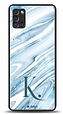 Dafoni Glossy Samsung Galaxy A31 Kiiye zel Harf Simli Mavi Mermer Klf