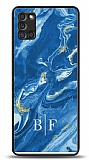 Dafoni Glossy Samsung Galaxy A31 Kiiye zel ki Harf Simli Mavi Mermer Klf
