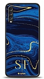 Dafoni Glossy Samsung Galaxy A50 Kiiye zel ift Harf Simli Lacivert Mermer Klf