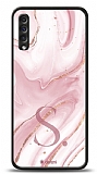 Dafoni Glossy Samsung Galaxy A50 Kiiye zel Harf Simli Pembe Mermer Klf