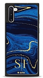 Dafoni Glossy Samsung Galaxy Note 10 Kiiye zel ift Harf Simli Lacivert Mermer Klf