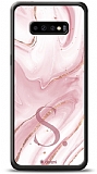 Dafoni Glossy Samsung Galaxy S10 Kiiye zel Harf Simli Pembe Mermer Klf
